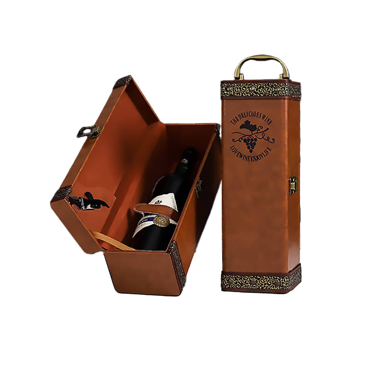 PU Leather Single Bottle Wine Gift Box for Red Wine, with Accessories - Brown - view 2