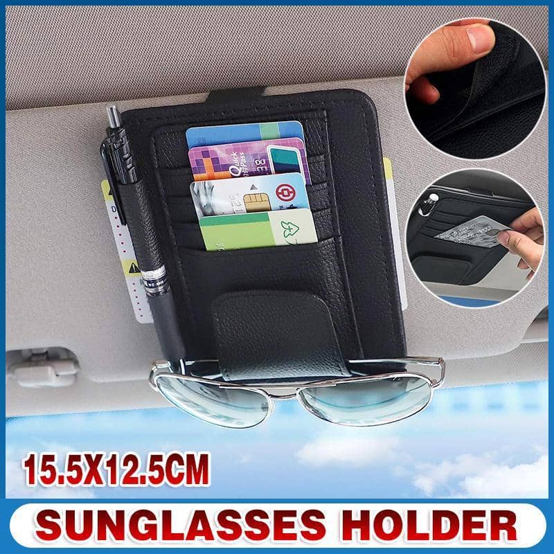 PU Leather Sun Visor Organiser with Sunglasses Holder and Card Pockets - Black