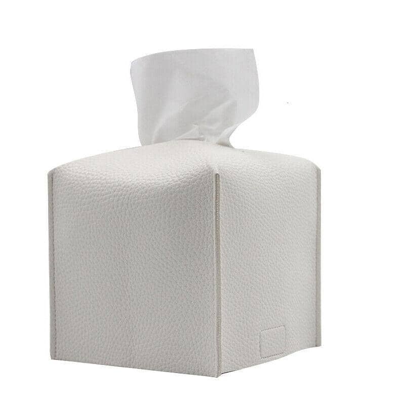 PU Leather Tissue Box Cover Holder - White, Medium (12.5 x 12.5 x 12 cm)
