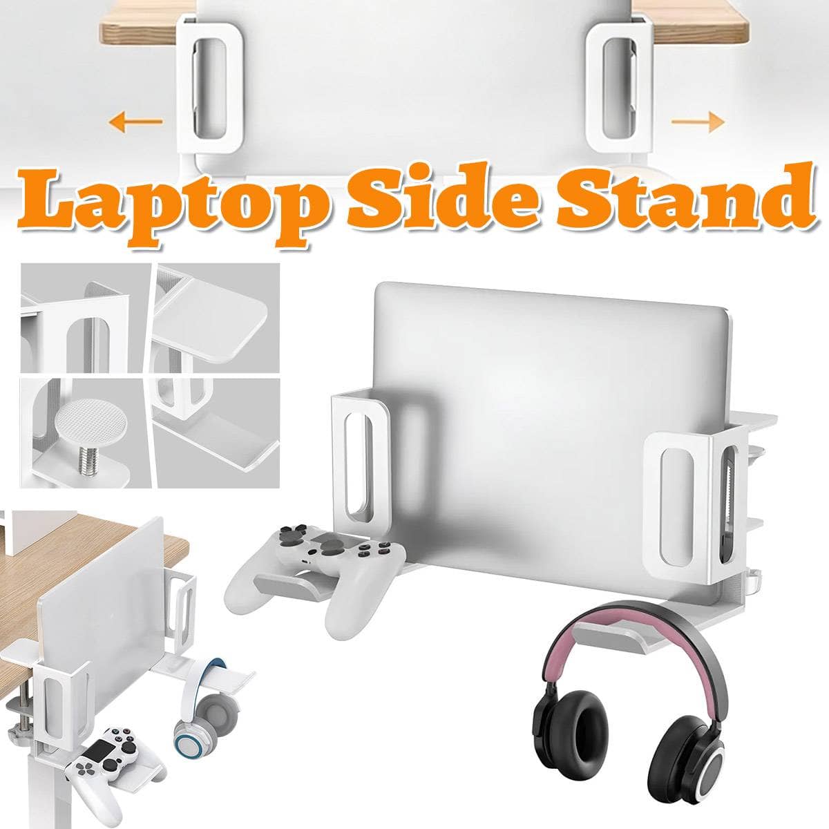 Punch Free Aluminium Laptop Side Mount Holder for Desk - White