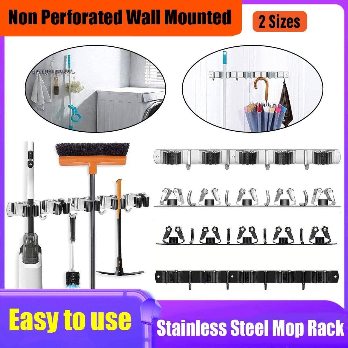 Punch-Free Wall Mounted Mop Rack, Nail-Free Storage Rack - Silver - view 2