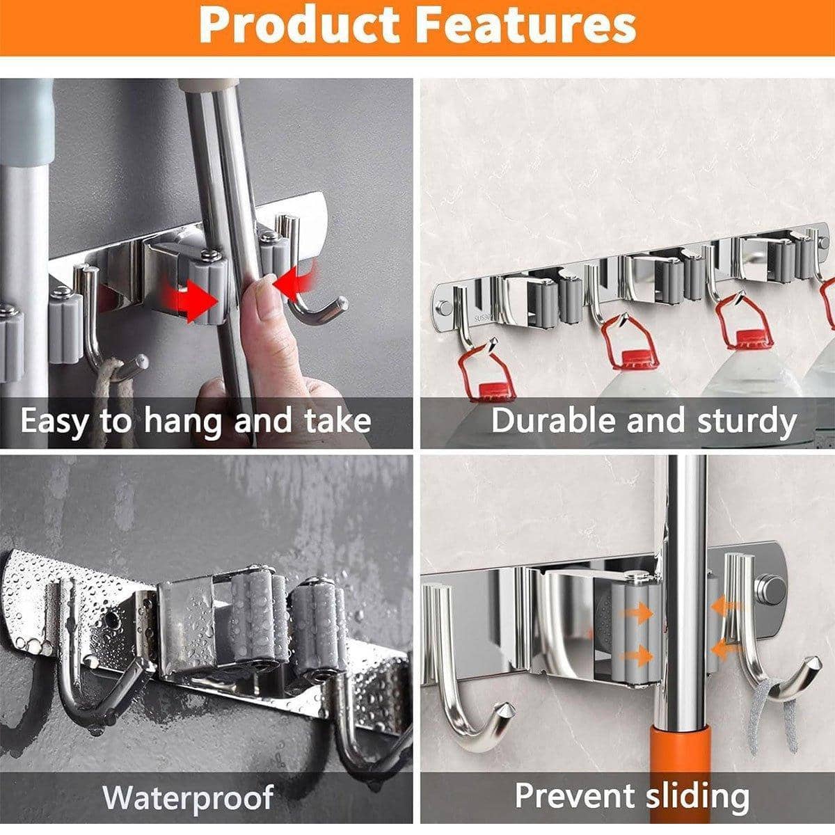 Punch-Free Wall Mounted Mop Rack, Nail-Free Storage Rack - Silver - view 5