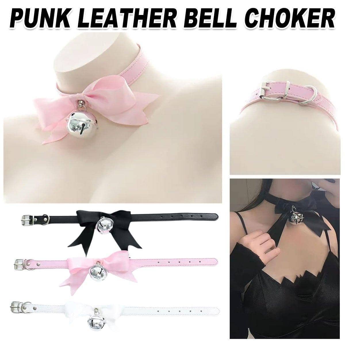 Punk Style Bow Bell Choker, Adjustable PU Leather Collar - White - view 2