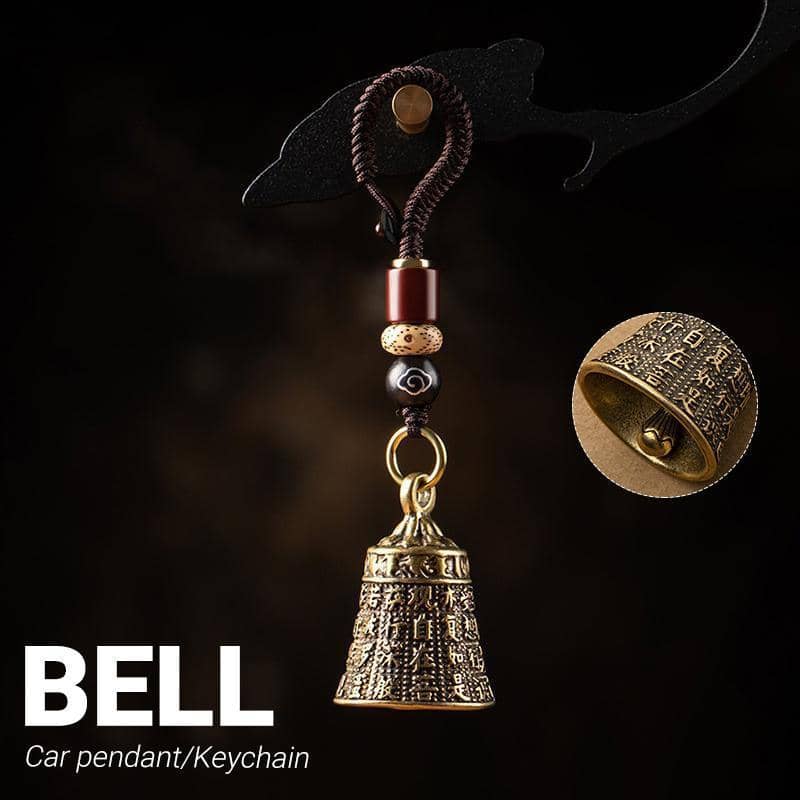 Pure Brass Bell Keychain with Engraved Sutra and Woven Rope