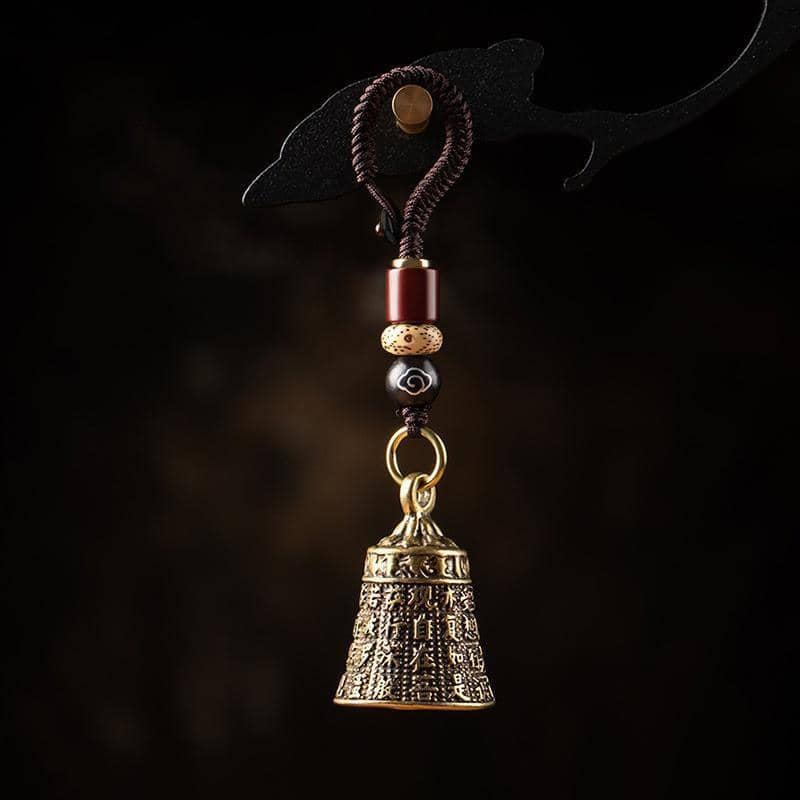Pure Brass Bell Keychain with Engraved Sutra and Woven Rope - view 3