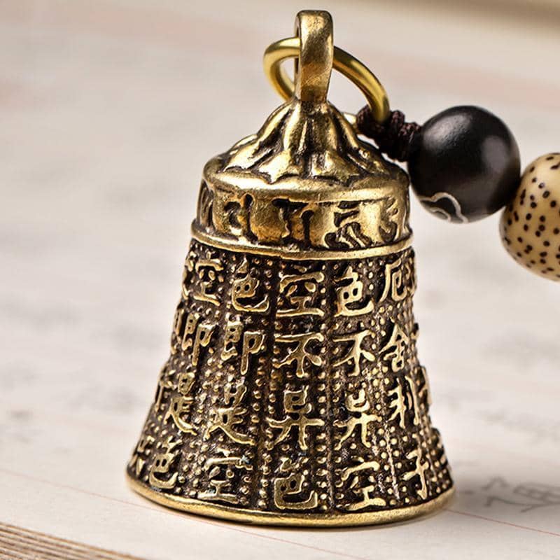 Pure Brass Bell Keychain with Engraved Sutra and Woven Rope - view 4