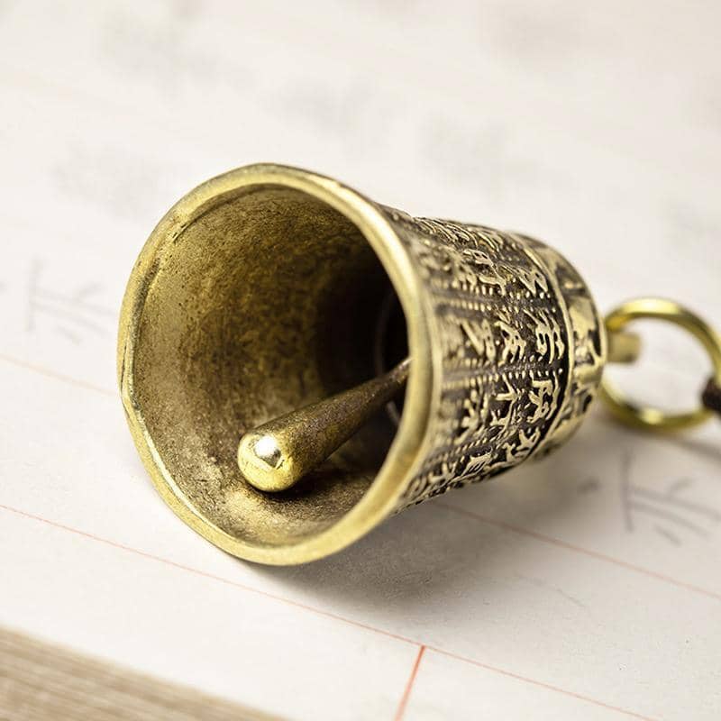 Pure Brass Bell Keychain with Engraved Sutra and Woven Rope - view 5