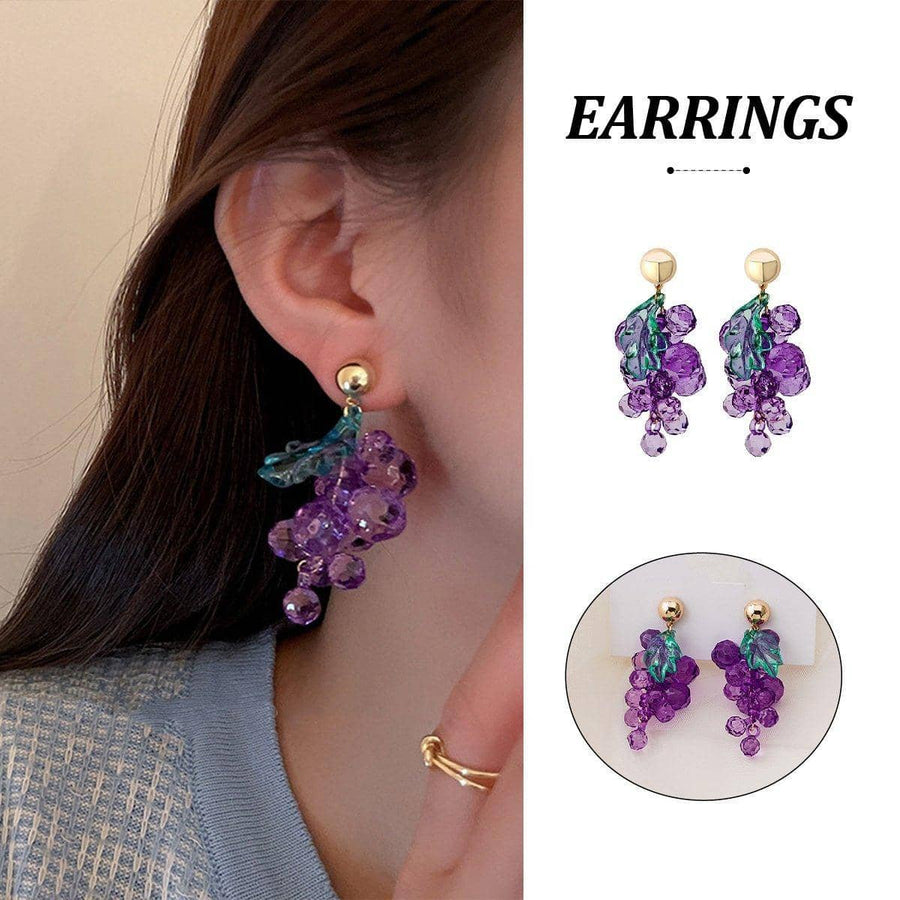 Purple Grape Cluster Stud Earrings with Green Leaves, Acrylic