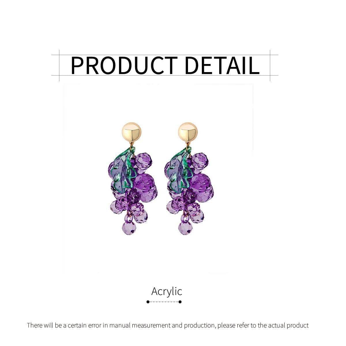 Purple Grape Cluster Stud Earrings with Green Leaves, Acrylic - view 3