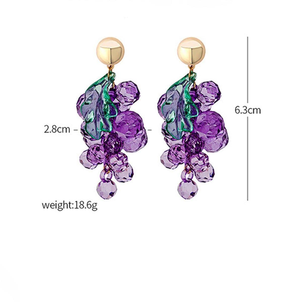 Purple Grape Cluster Stud Earrings with Green Leaves, Acrylic - view 4