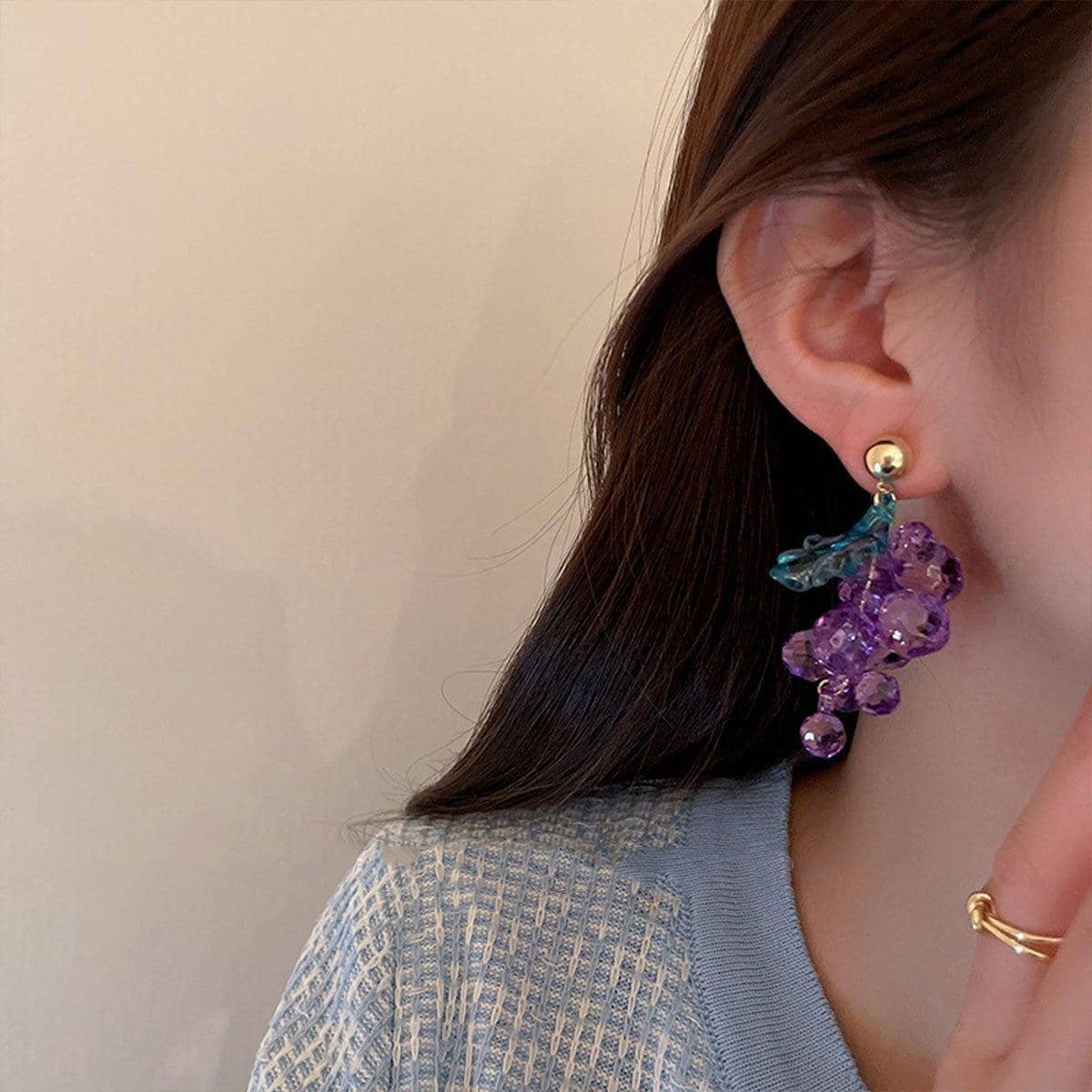 Purple Grape Cluster Stud Earrings with Green Leaves, Acrylic - view 5