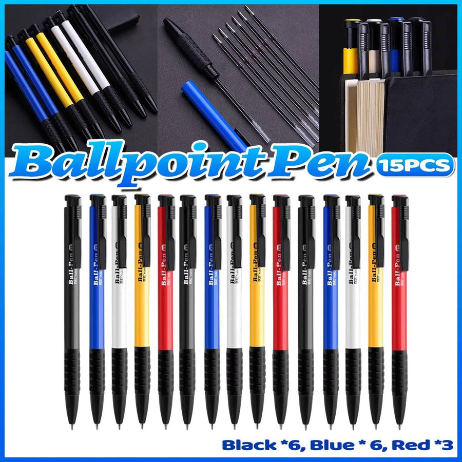 Push Button Ballpoint Pens with Rubber Grip, Pack of 15 (Black, Blue and Red Ink)