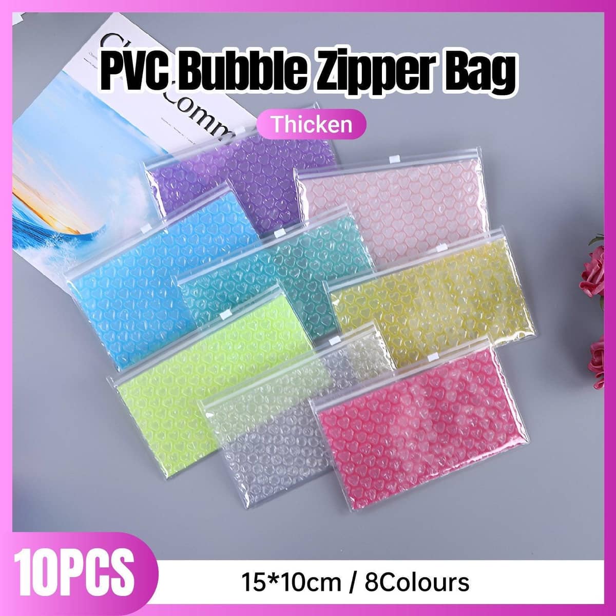 PVC Bubble Zipper Bags for Cosmetics and Travel, Pack of 10 - Clear - view 2
