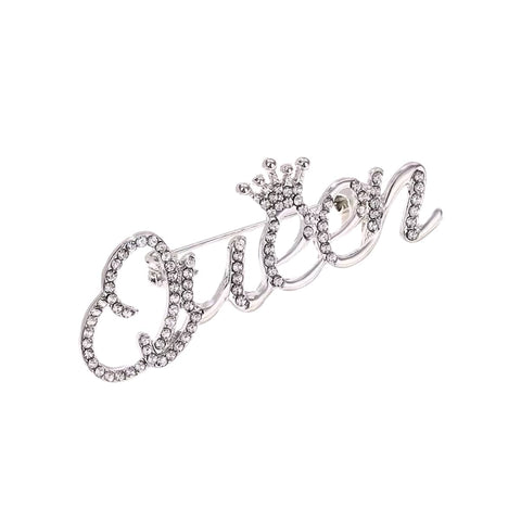 Queen Crown Rhinestone Brooch Pin, Alloy - Silver