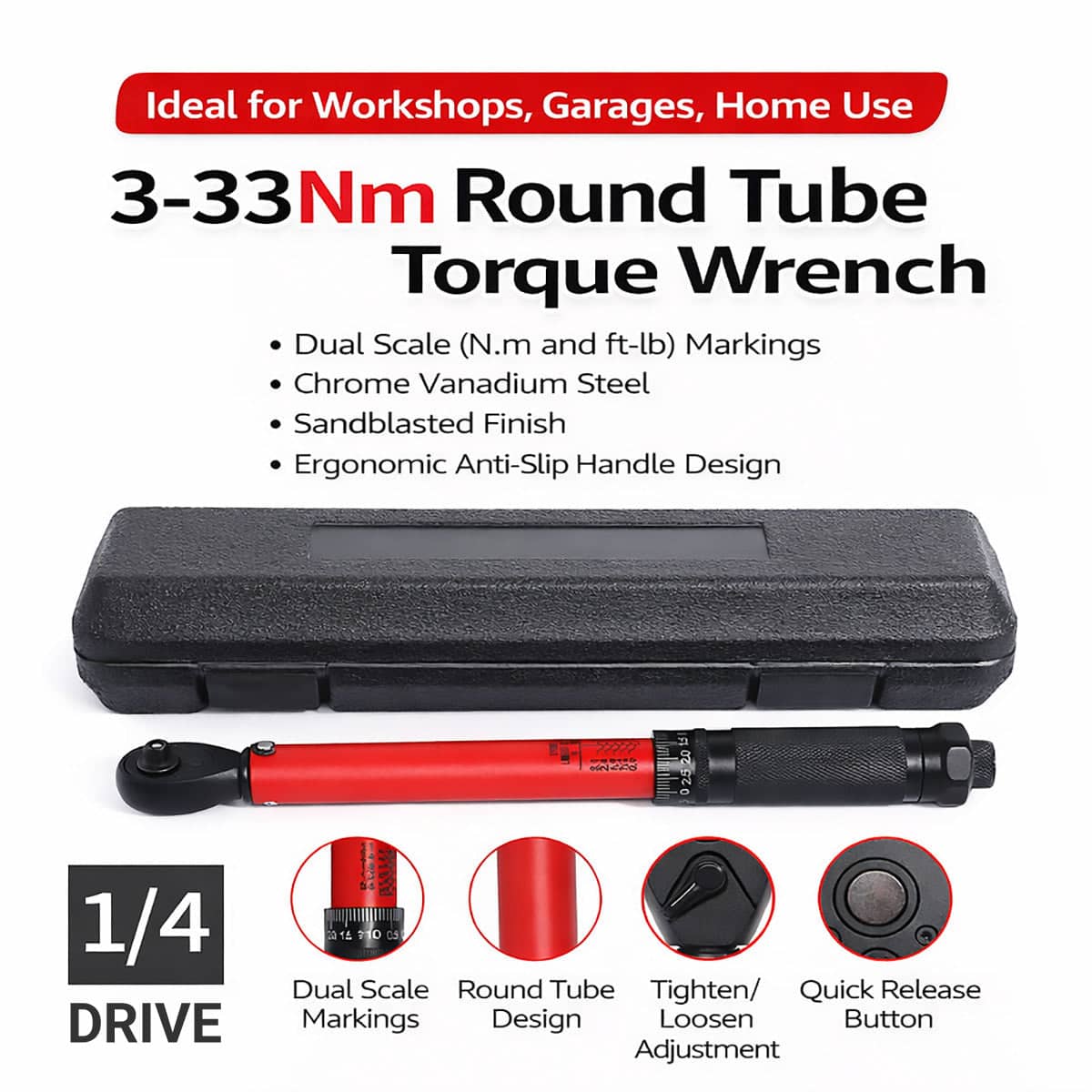 Quick Adjustable Torque Wrench, 3 to 33 Nm 1/4 Drive Ratchet with Storage Case