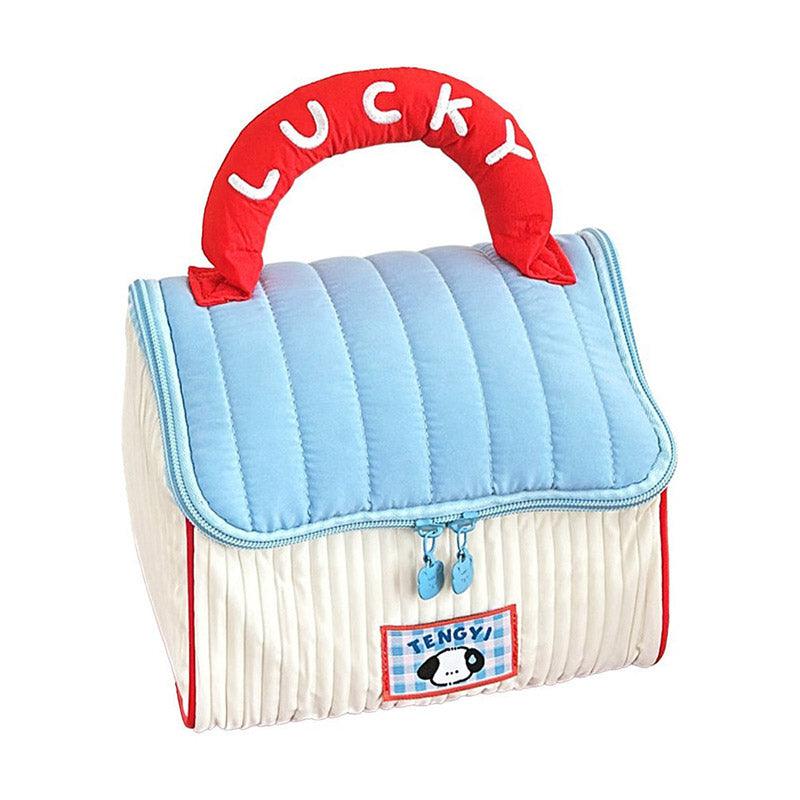 Quilted Cosmetic Bag with Top Handle, Large Capacity - Blue