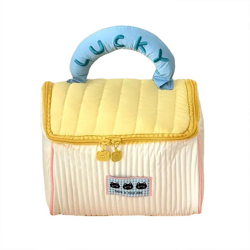 Quilted Cosmetic Bag with Top Handle, Large Capacity - Yellow
