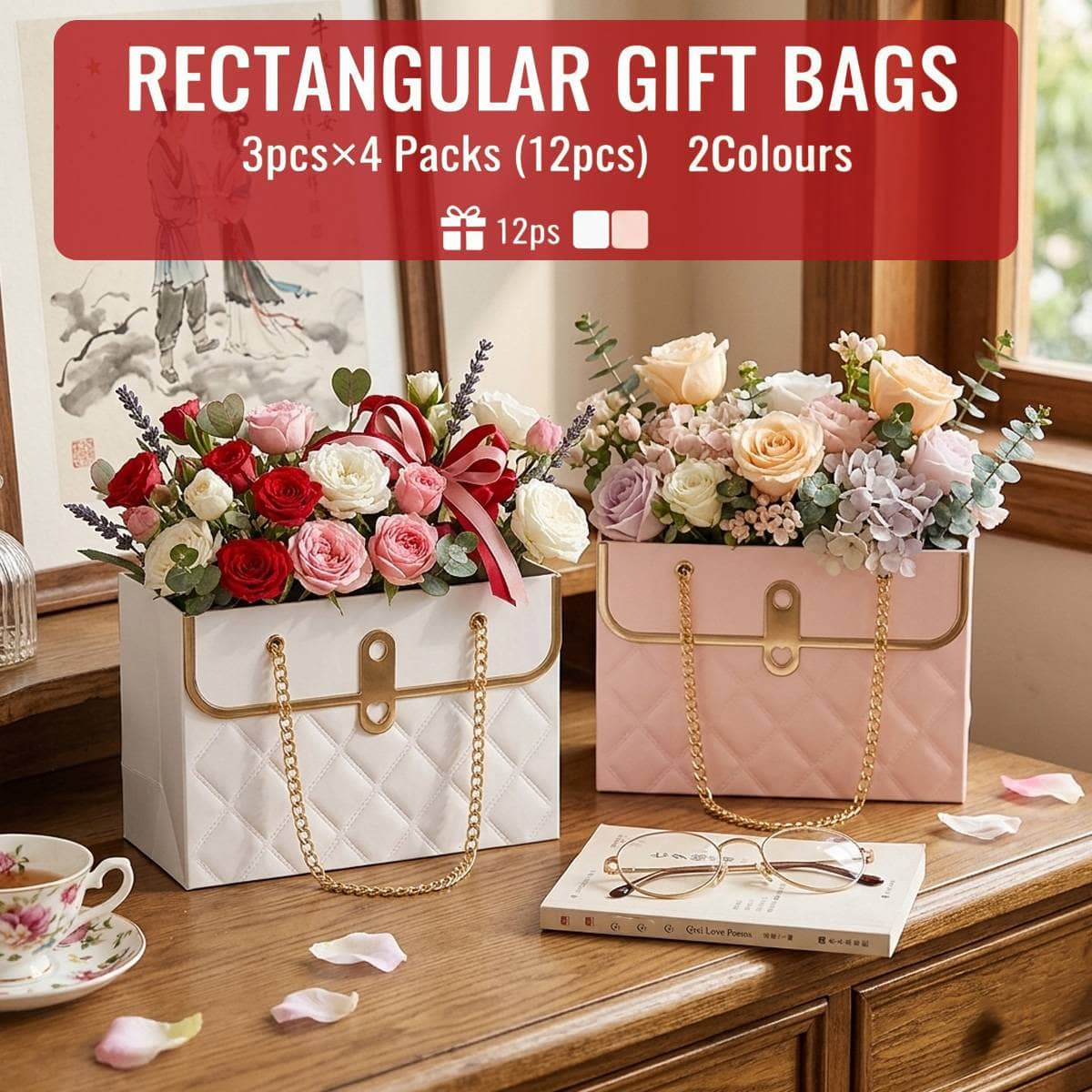 Quilted Handbag Gift Bags with Chain Handle, Pack of 3 - Pink - view 2