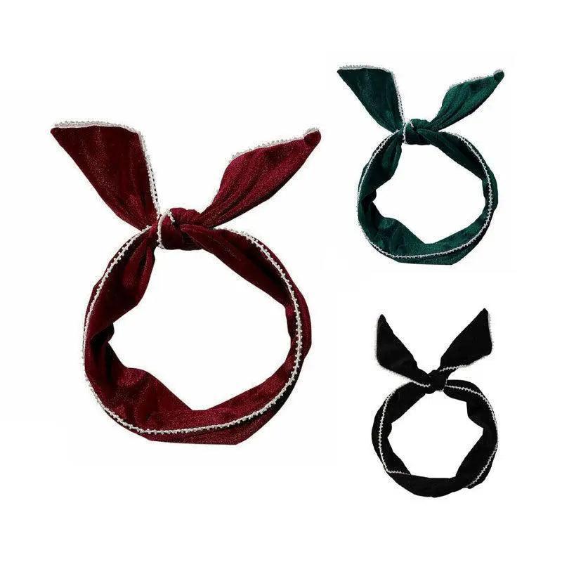 Rabbit Ears Wire Headband Velvet Hair Band with Pearl Trim - Black - view 3