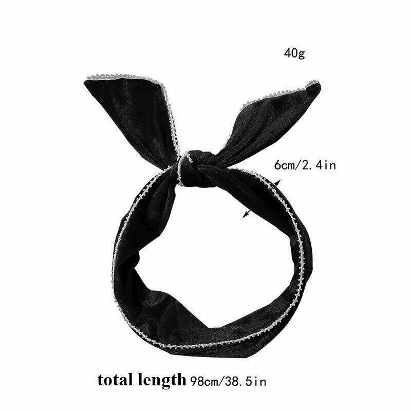 Rabbit Ears Wire Headband Velvet Hair Band with Pearl Trim - Black - view 4