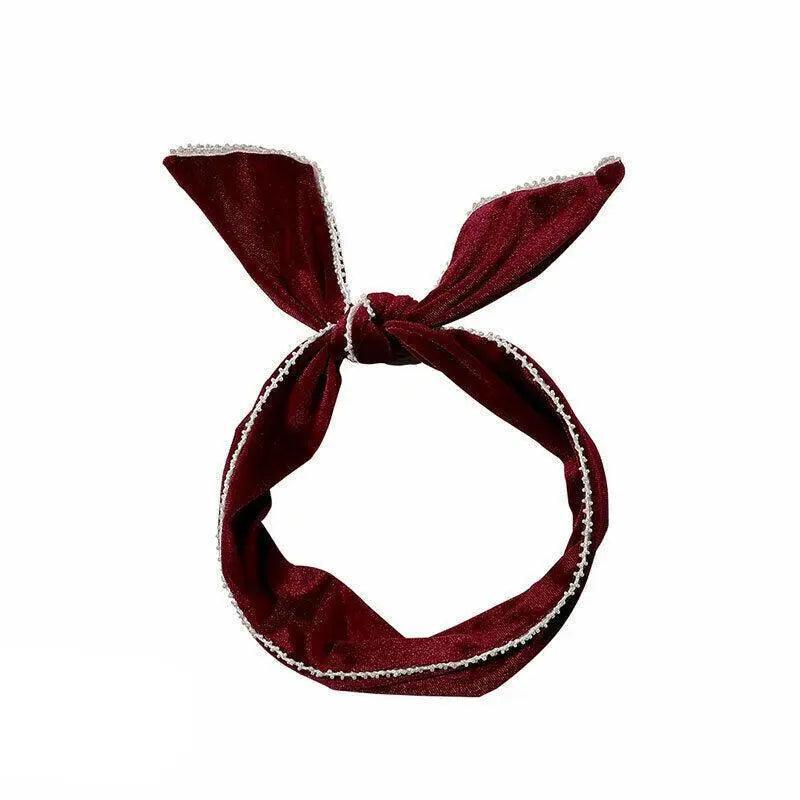 Rabbit Ears Wire Headband Velvet Hair Band with Pearl Trim - Burgundy Red