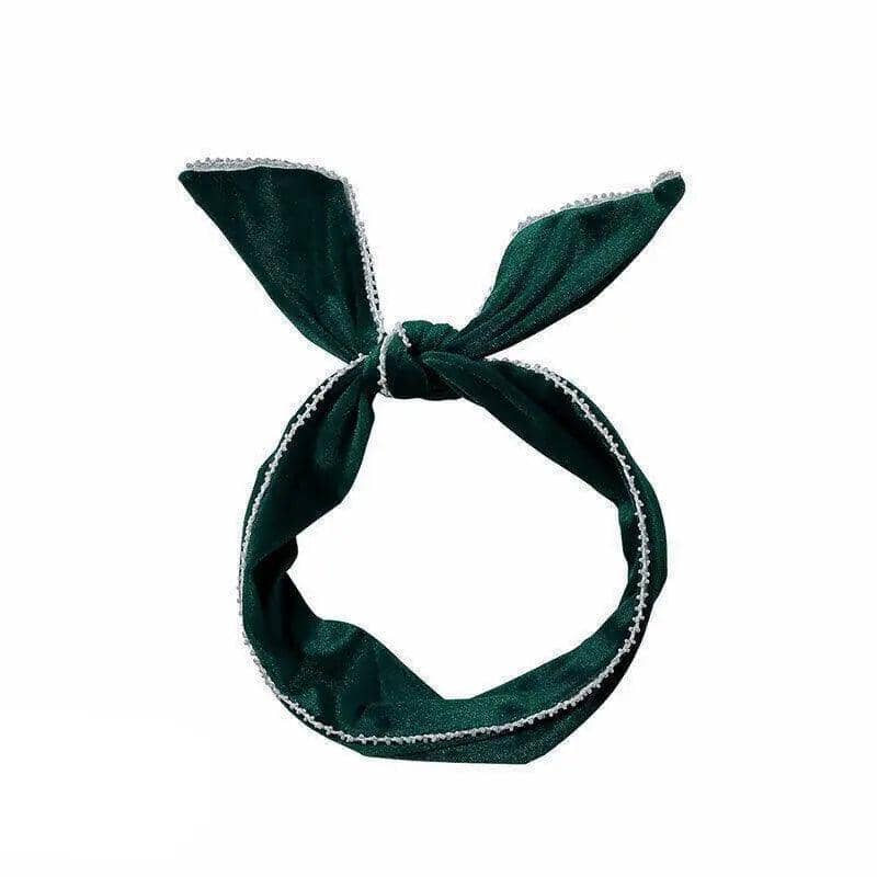 Rabbit Ears Wire Headband Velvet Hair Band with Pearl Trim - Dark Green