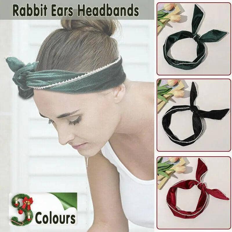 Rabbit Ears Wire Headband Velvet Hair Band with Pearl Trim - Dark Green - view 2