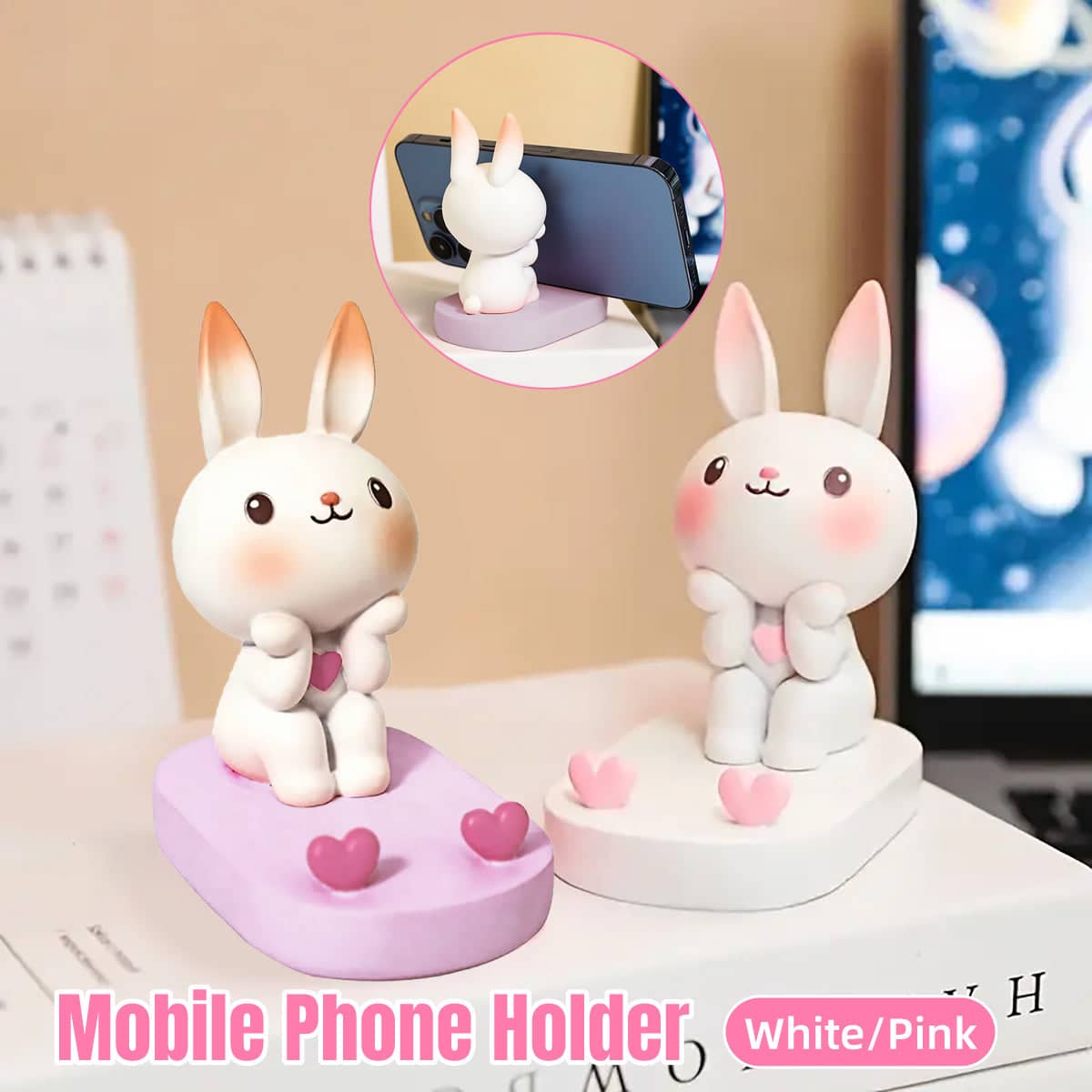 Rabbit Phone Holder Resin Desktop Stand - White - view 2