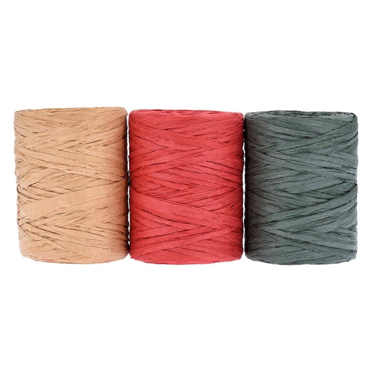 Raffia Paper Rope Pack of 3 Rolls, 100 m Each, in Red, Green and Natural Beige - view 2