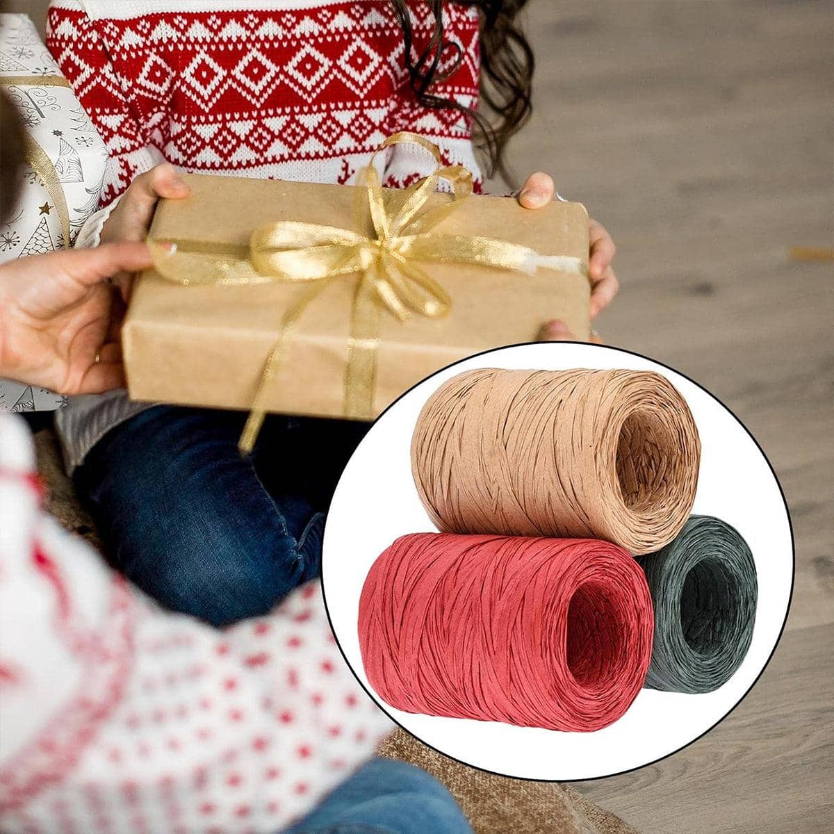 Raffia Paper Rope Pack of 3 Rolls, 100 m Each, in Red, Green and Natural Beige - view 4