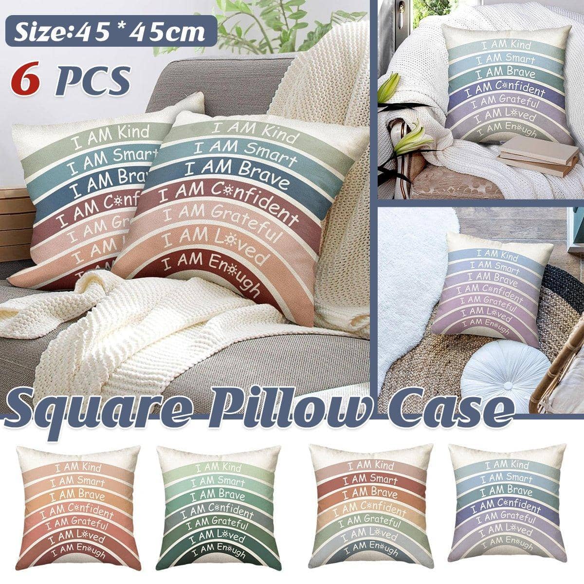 Rainbow Boho Inspirational Cushion Covers, Pack of 6, 45 x 45 cm