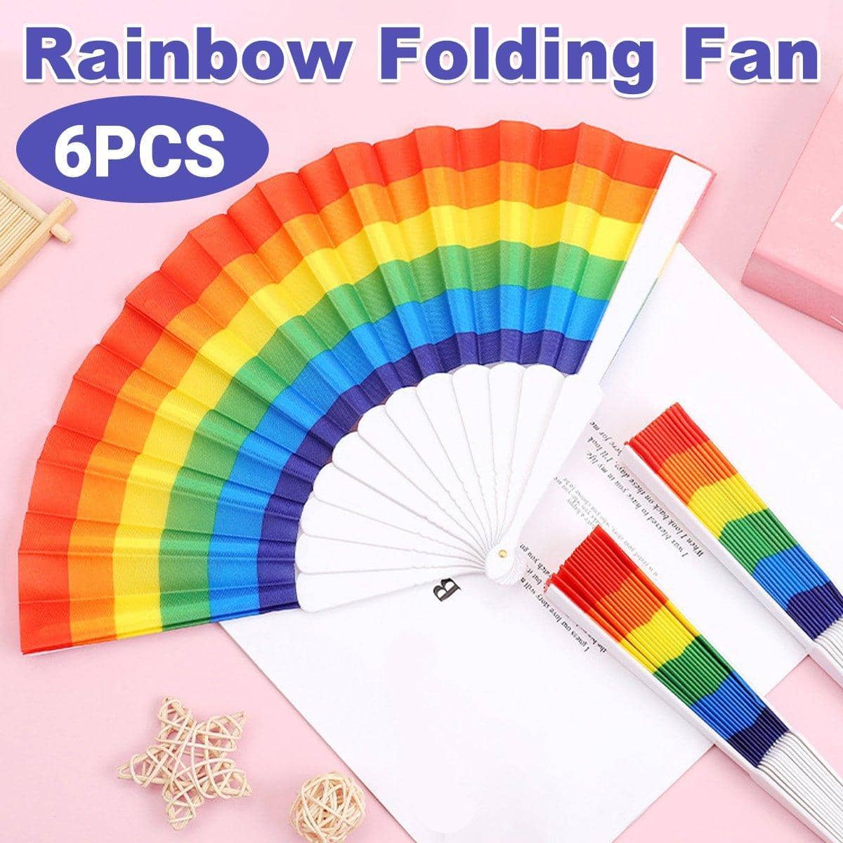 Rainbow Folding Hand Fans, Pack of 6