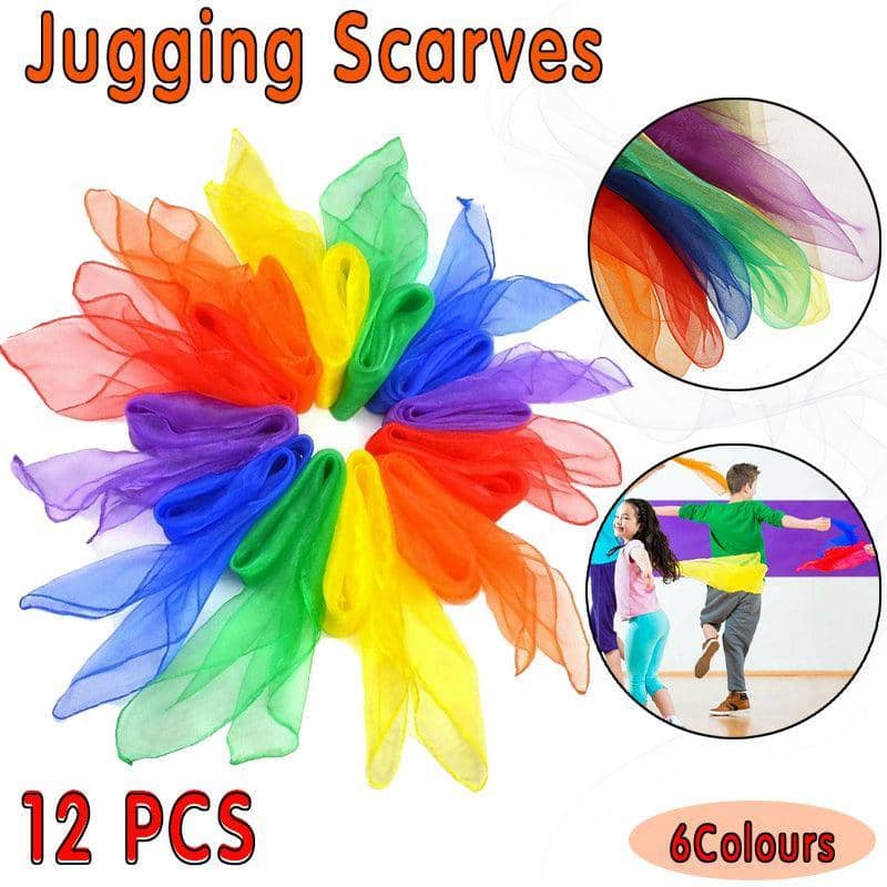 Rainbow Gradient Juggling Silk Scarves for Dance and Magic Tricks, Pack of 12