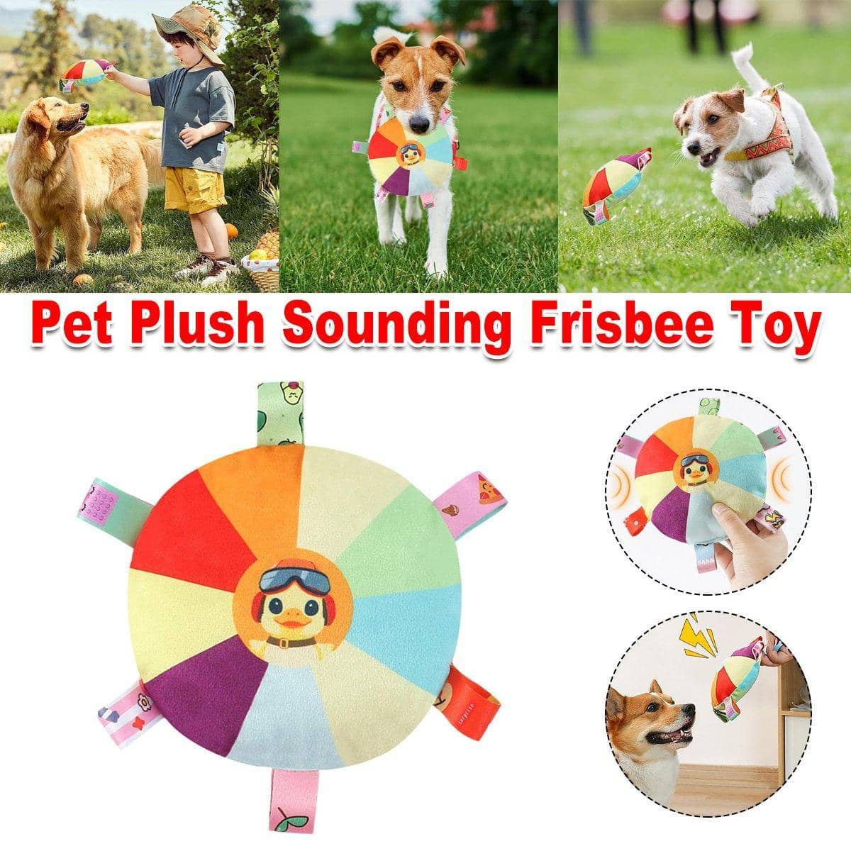 Rainbow Plush Dog Frisbee Toy for Puppies with Built-In Bell