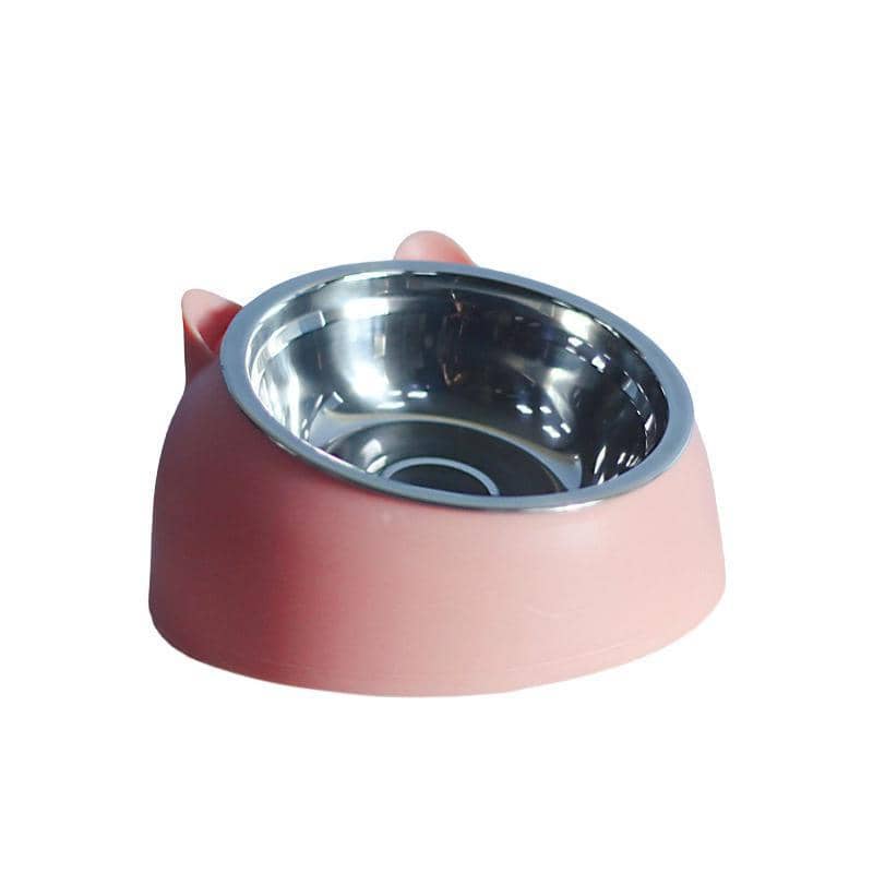 Raised Pet Food Bowl Tilted Non-Slip Stainless Steel Dog Cat Feeder - Pink
