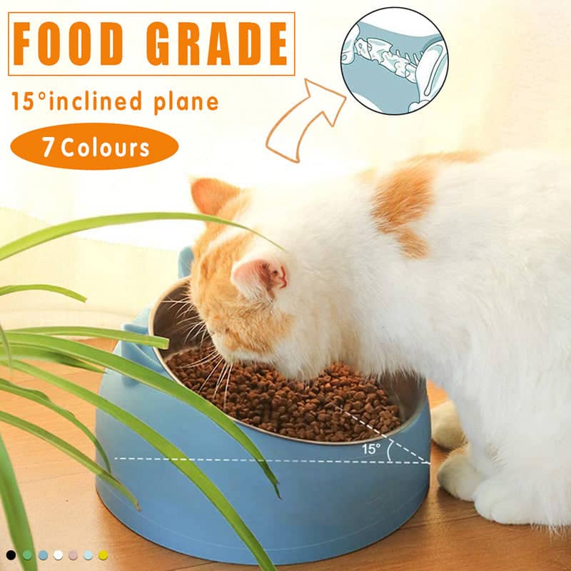 Raised Pet Food Bowl Tilted Non-Slip Stainless Steel Dog Cat Feeder - Yellow - view 2