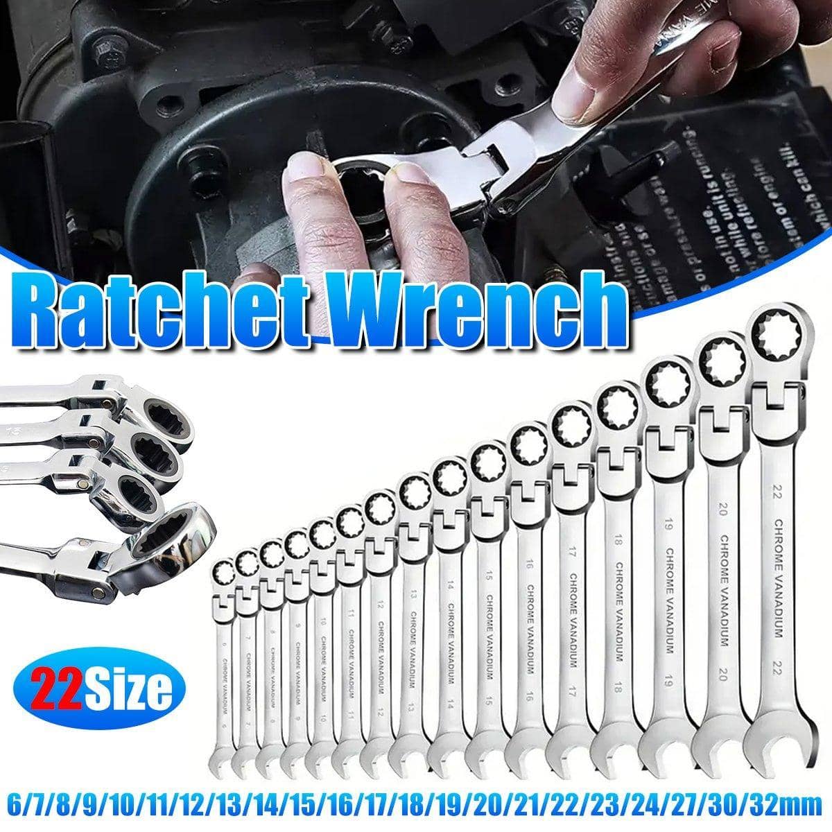 Ratchet Spanner Wrench with 180 Degree Pivoting Head - 9mm - view 2