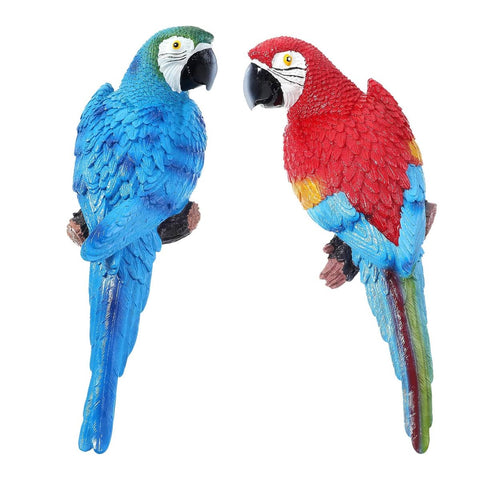 Realistic Resin Parrot Wall Hanging Pair for Home and Garden - Blue and Red
