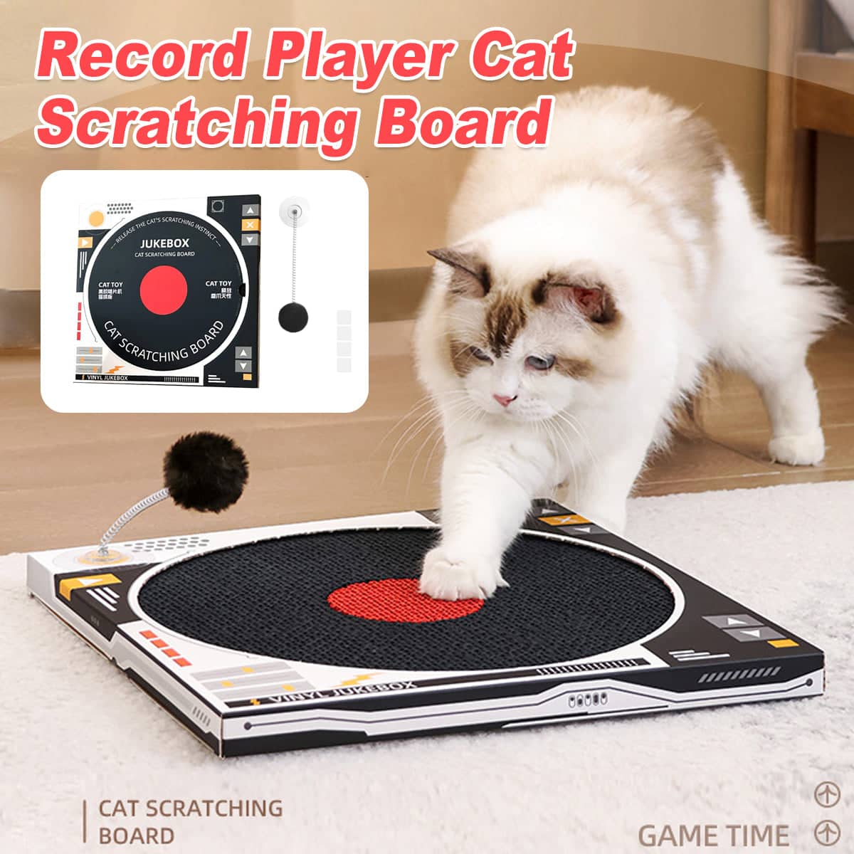Record Player Cat Scratching Board Corrugated Cardboard Cat Toy with Spring Ball