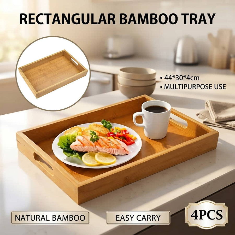Rectangular Bamboo Serving Trays with Handles, Pack of 4