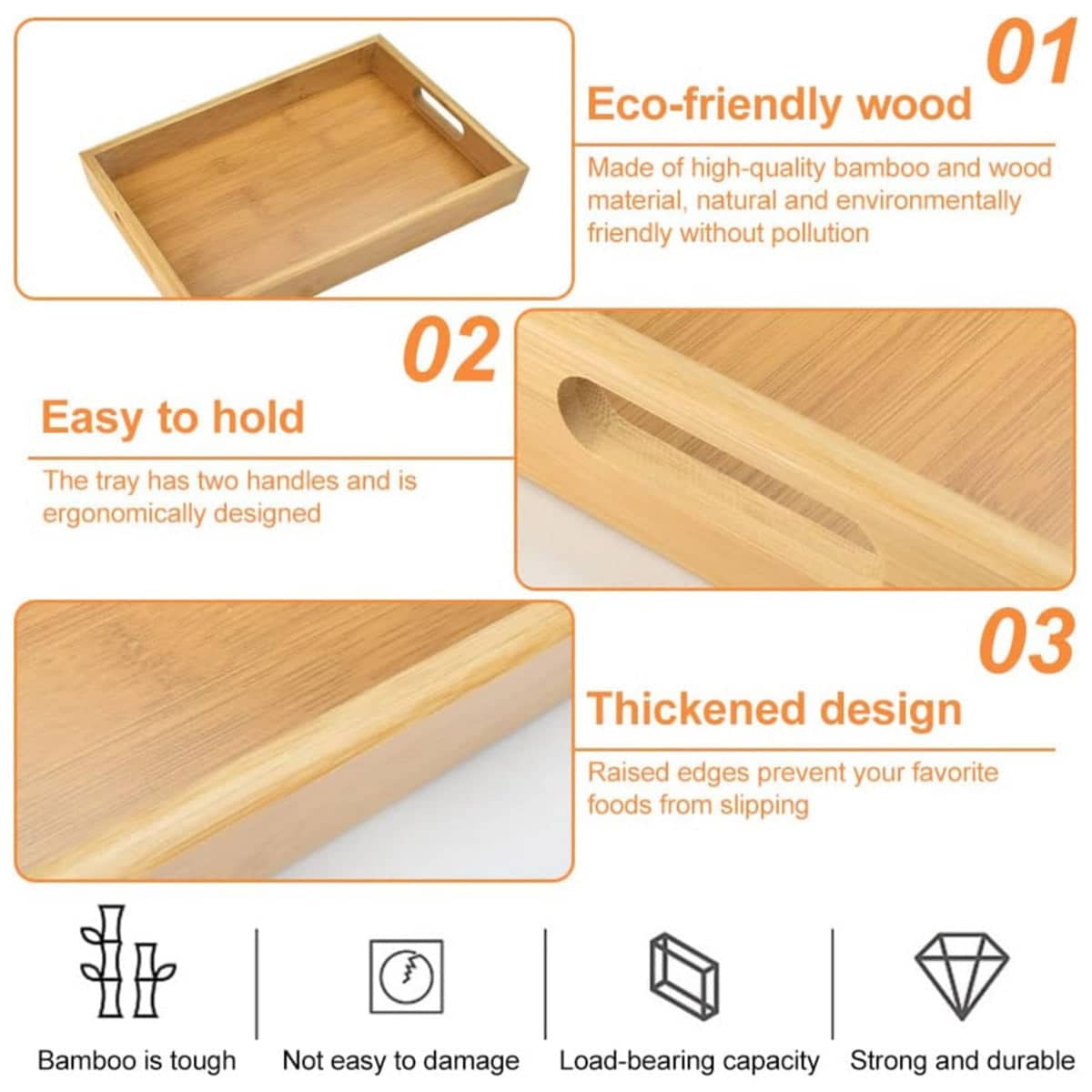 Rectangular Bamboo Serving Trays with Handles, Pack of 4 - view 5