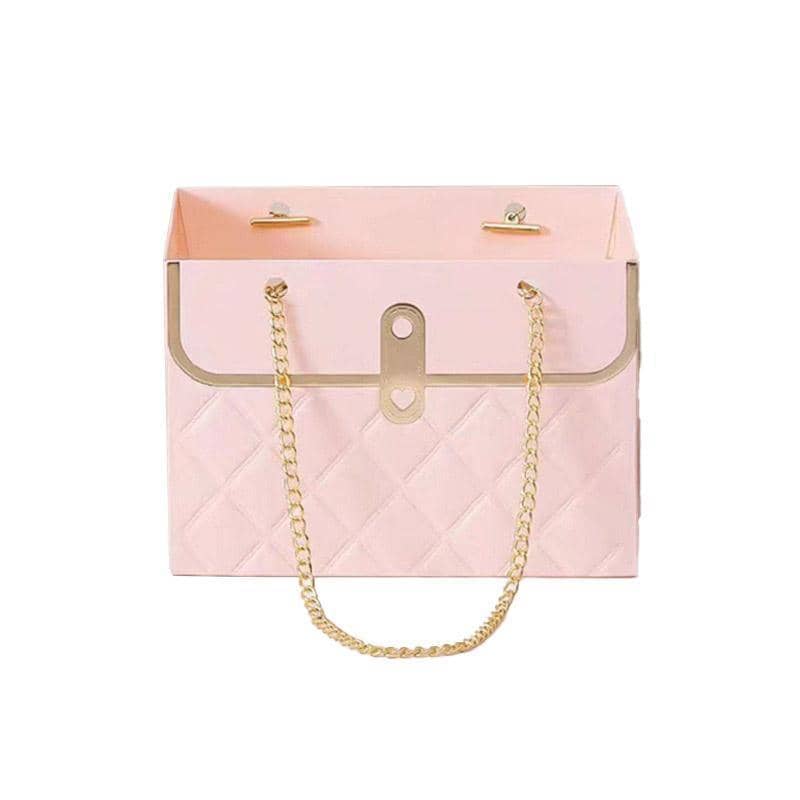 Rectangular Handbag Flower Packaging Gift Bags with Chain Handle - Pink, Pack of 10