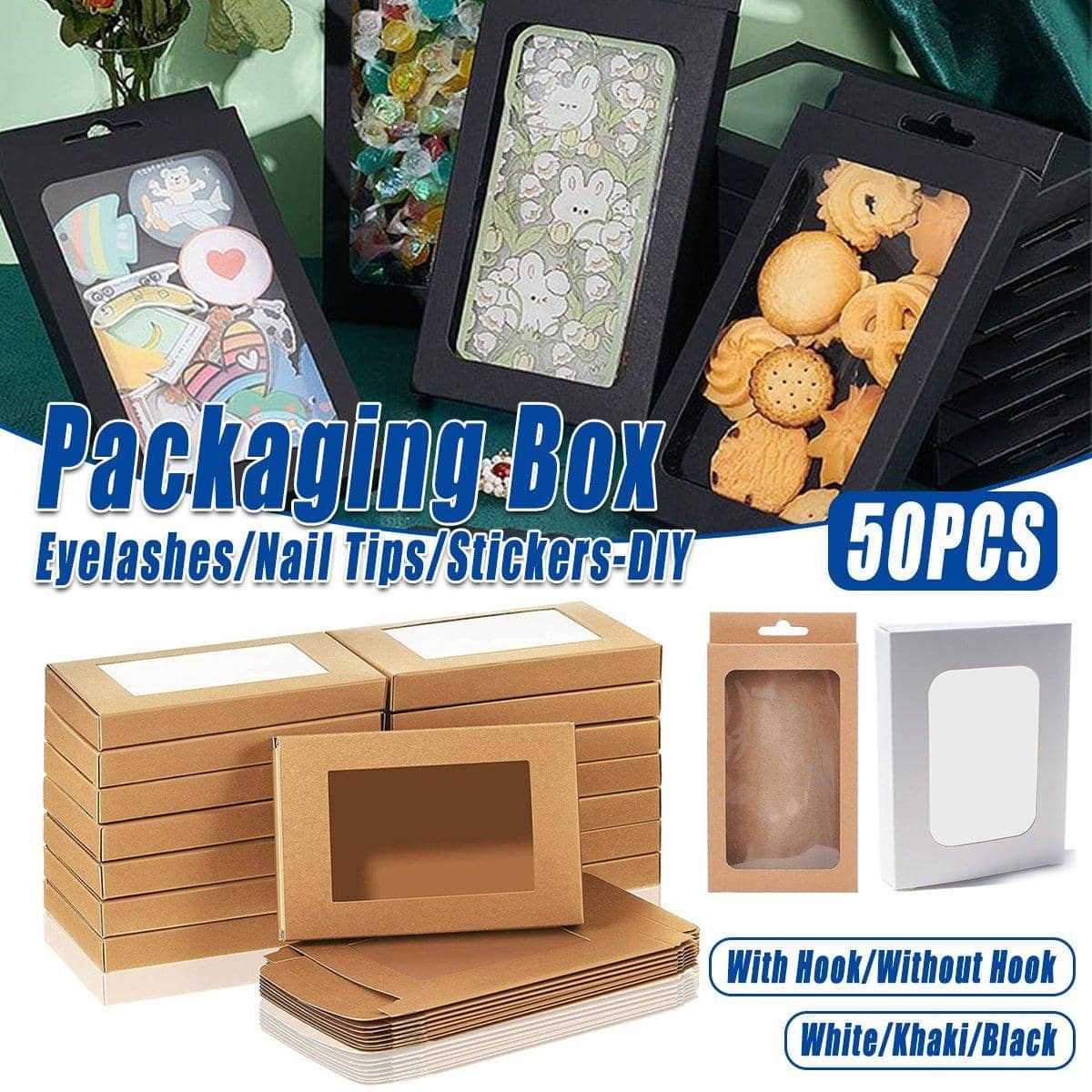 Rectangular Window Kraft Paper Gift Boxes Pack of 50 - Black, without Hook - view 2
