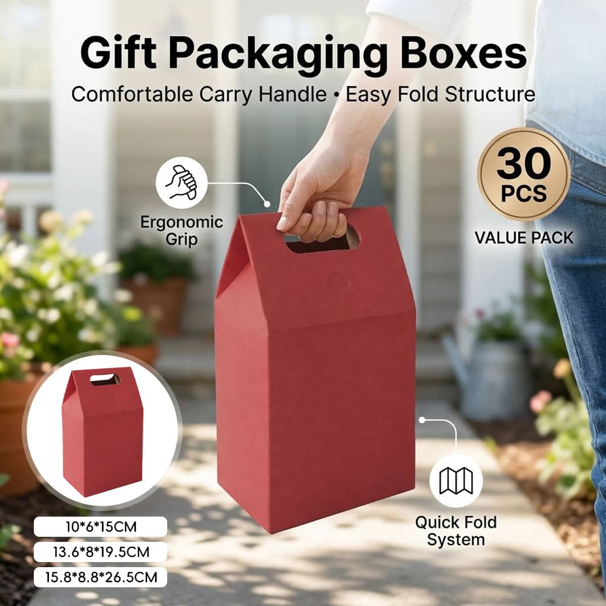 Red Gable Gift Boxes with Handle, Pack of 30 - 10 x 6 x 15 cm - view 2