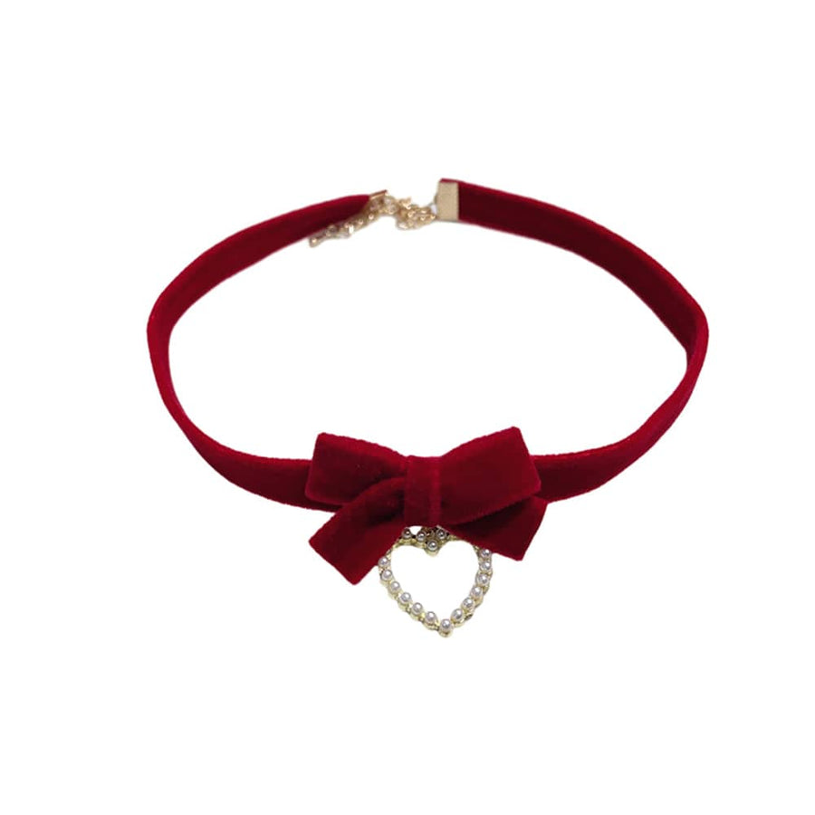 Red Velvet Bow Choker Necklace - Style A, Pearl-Look Heart Pendant