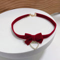 Red Velvet Bow Choker Necklace - Style A, Pearl-Look Heart Pendant - view 4