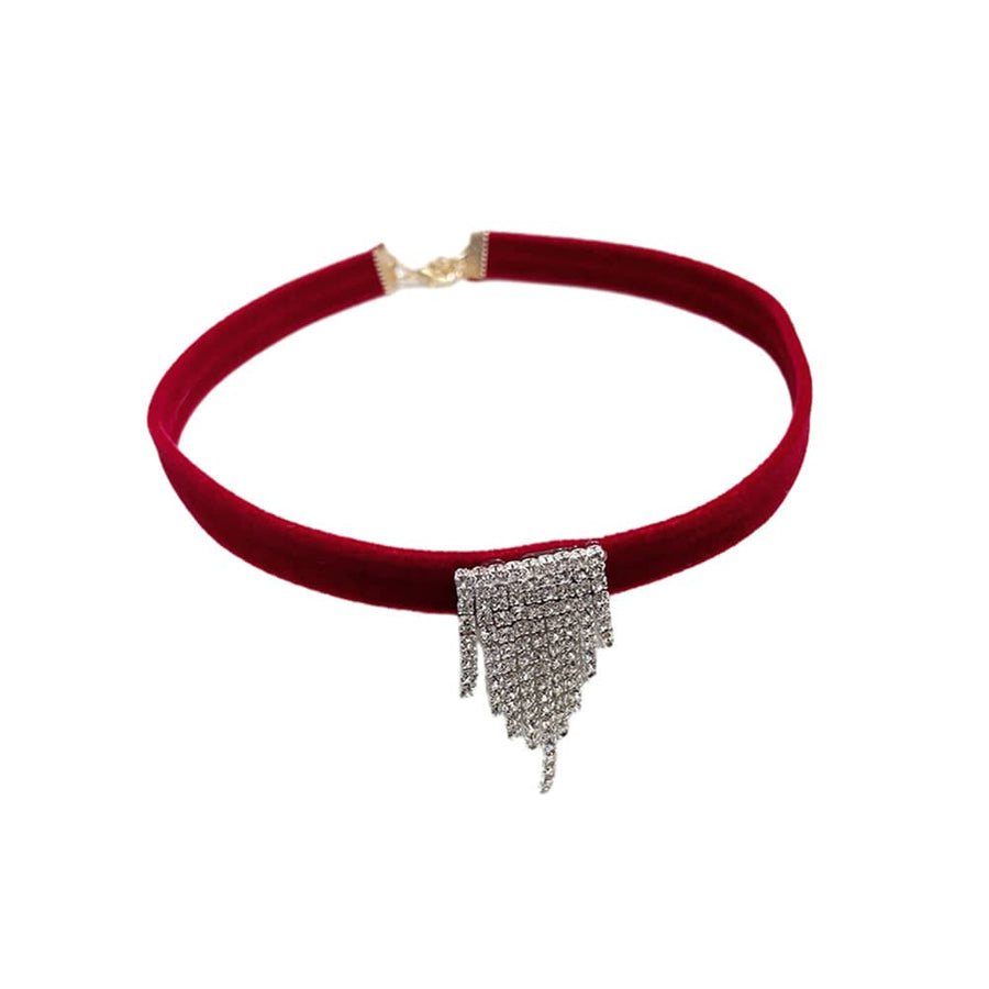 Red Velvet Choker Necklace - Style C, Sparkling Tassel Panel