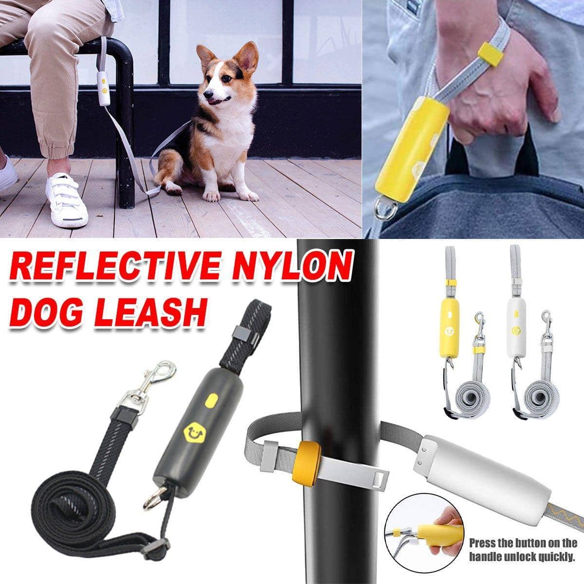 Reflective Nylon Dog Leash, Adjustable 0.95 to 1.6 m - Yellow and Grey - view 2