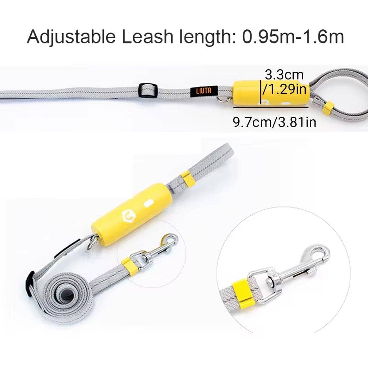 Reflective Nylon Dog Leash, Adjustable 0.95 to 1.6 m - Yellow and Grey - view 4