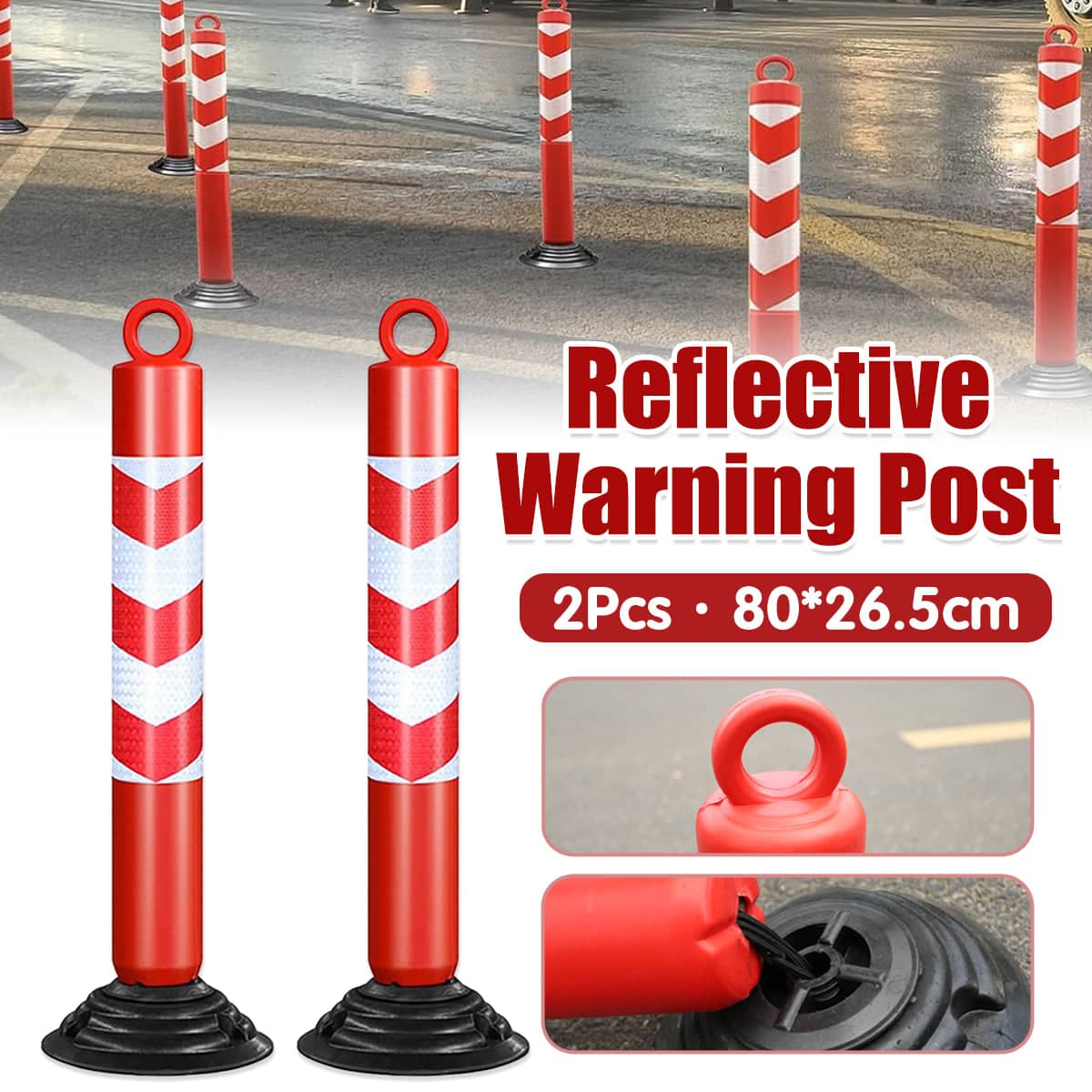 Reflective Warning Posts - Pack of 2, 80 cm Red and White with Rubber Base